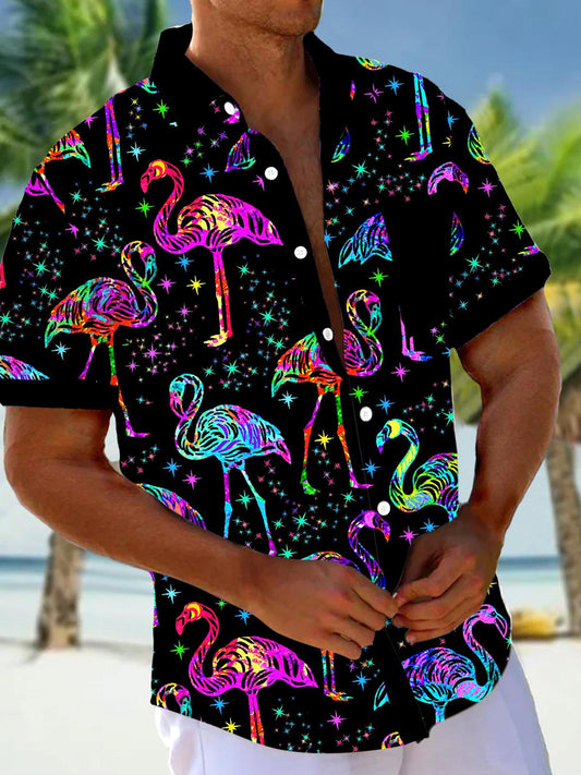 Adaychic Men's Graphic Tropical Neon Flamingo Stars Print Short Sleeve Button Down Shirt with Chest Pocket