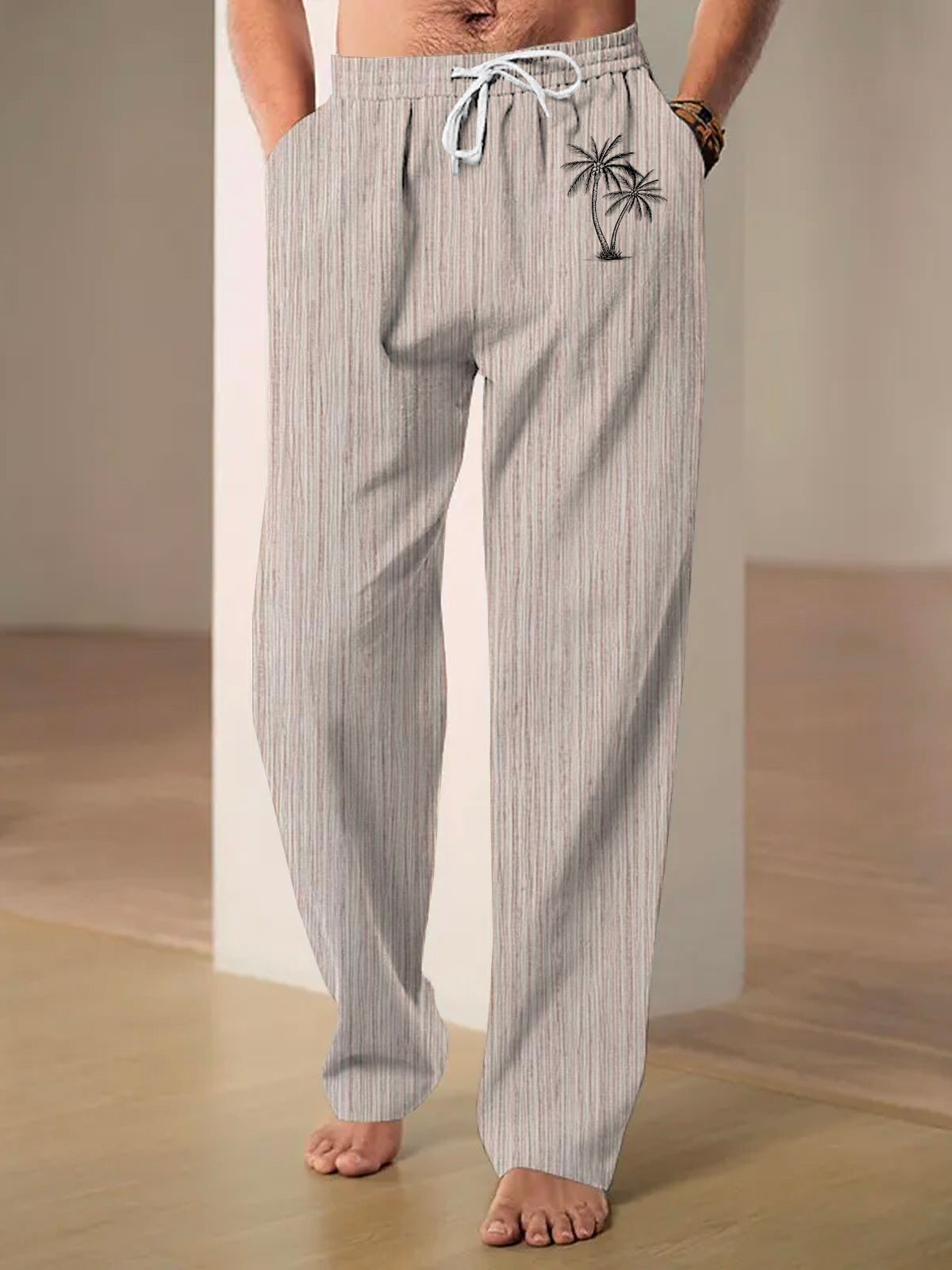 Men's Hawaiian retro print casual pants front view for tropical beach vacation