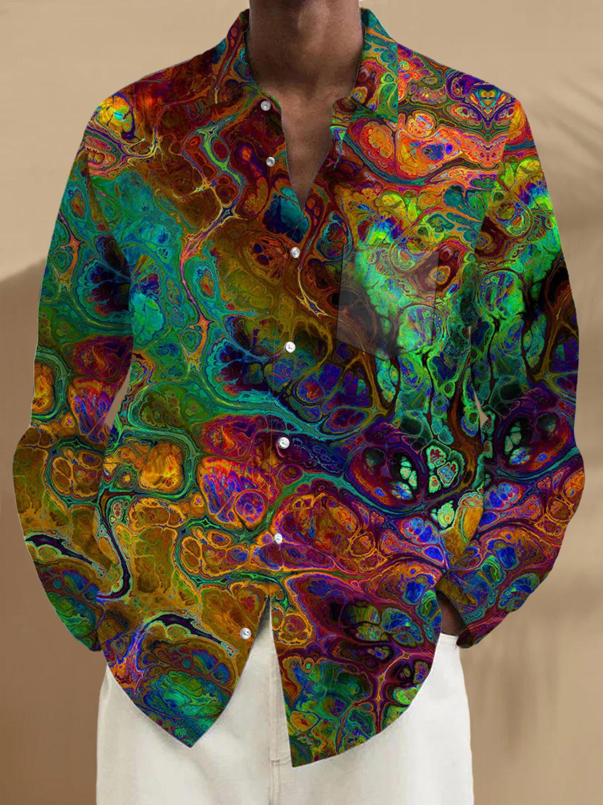 Men's long sleeve abstract print shirt front view with pocket
