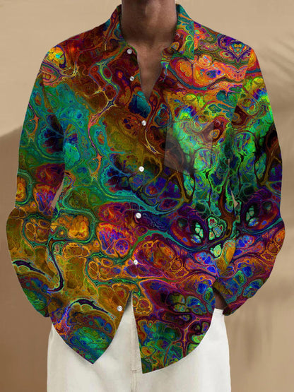 Men's long sleeve abstract print shirt front view with pocket