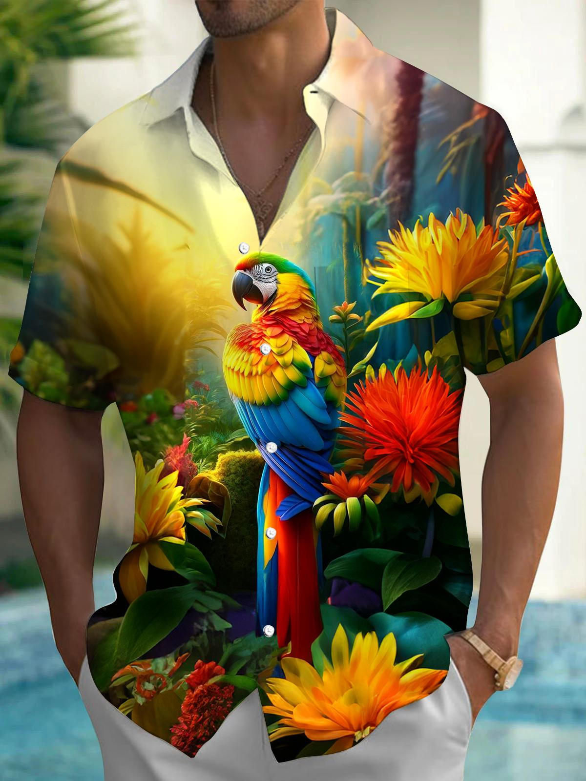 Adaychic Men's Yellow Hawaiian Tropical Parrot Floral Print Short Sleeve Button Down Shirt with Chest Pocket