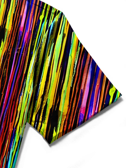 Adaychic Men's Graphic Geometric Colorful Vertical Line Print Short Sleeve Button Down Shirt with Chest Pocket
