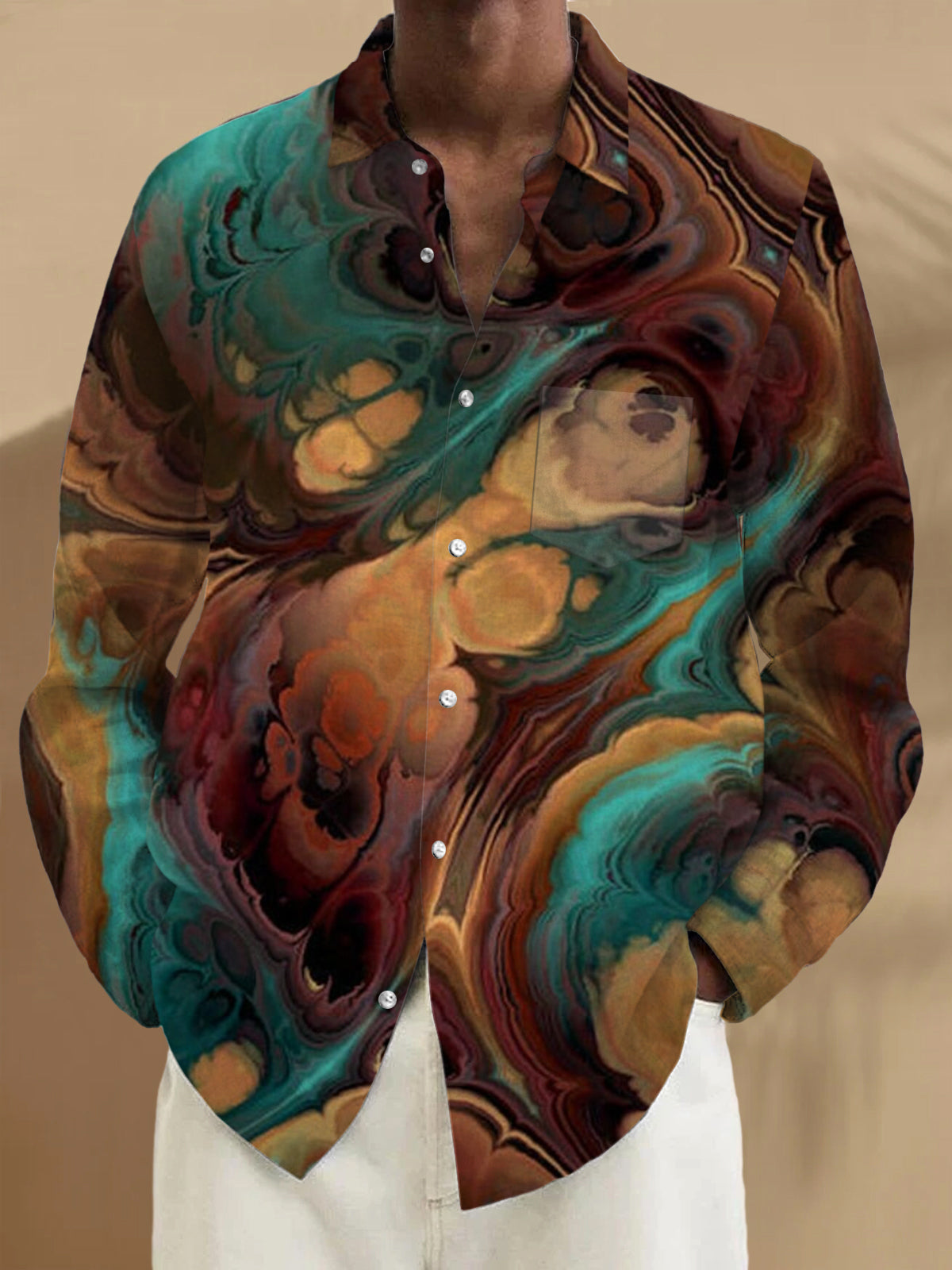 Men's long sleeve abstract print pocket shirt front view
