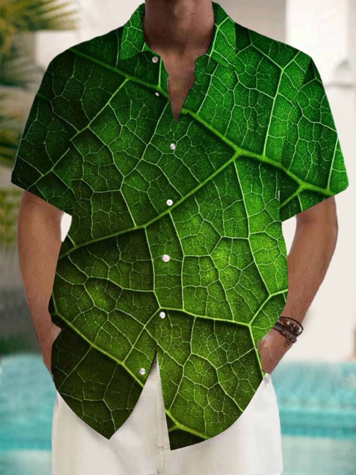 Adaychic Men's Graphic Green Leaf Vein Print Short Sleeve Button Down Shirt with Chest Pocket