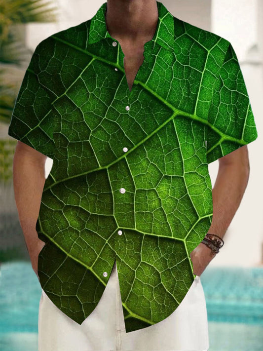 Adaychic Men's Graphic Green Leaf Vein Print Short Sleeve Button Down Shirt with Chest Pocket