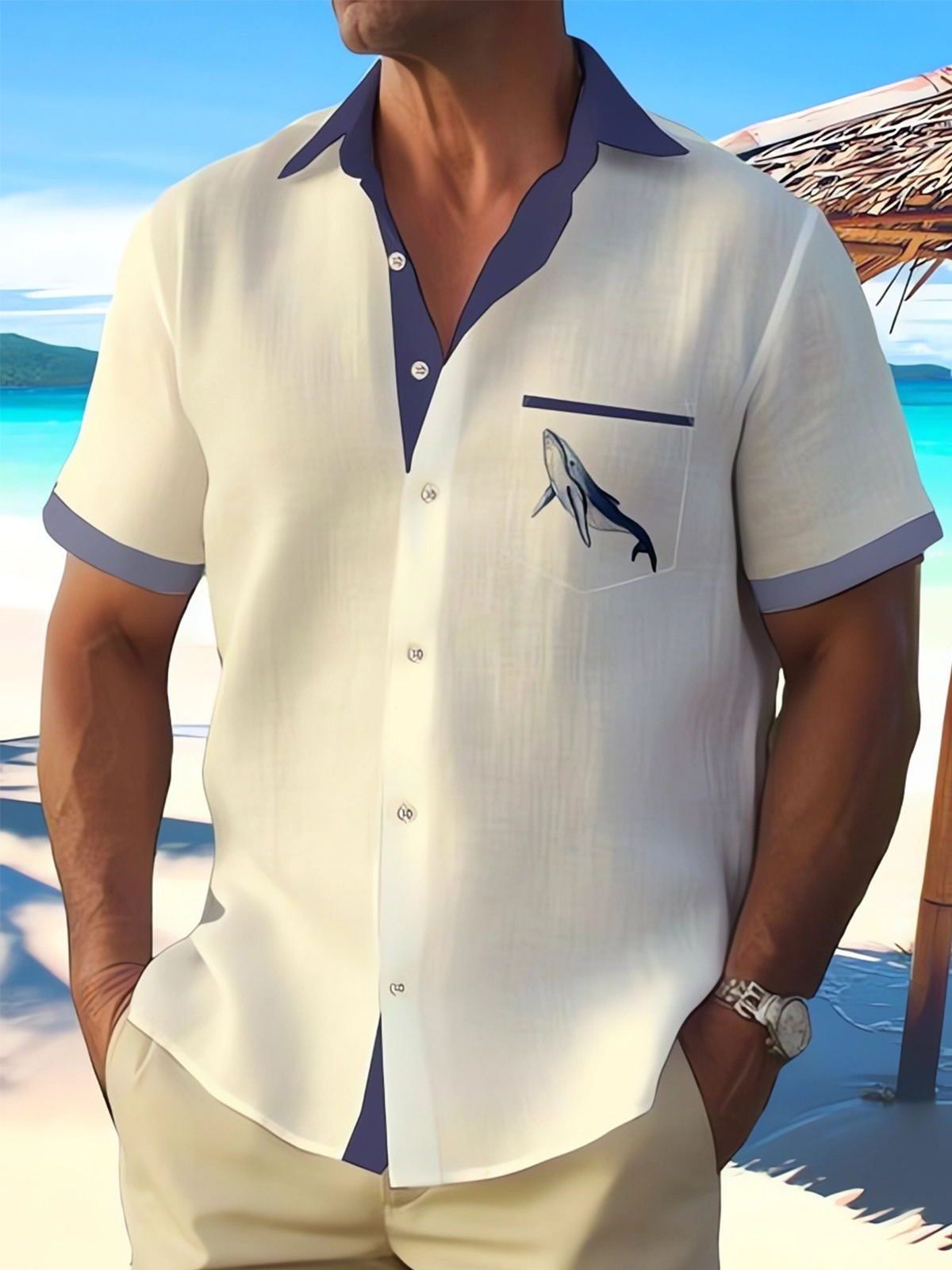 Adaychic Men's Graphic Whale Chest Print Short Sleeve Button Down Shirt with Chest Pocket