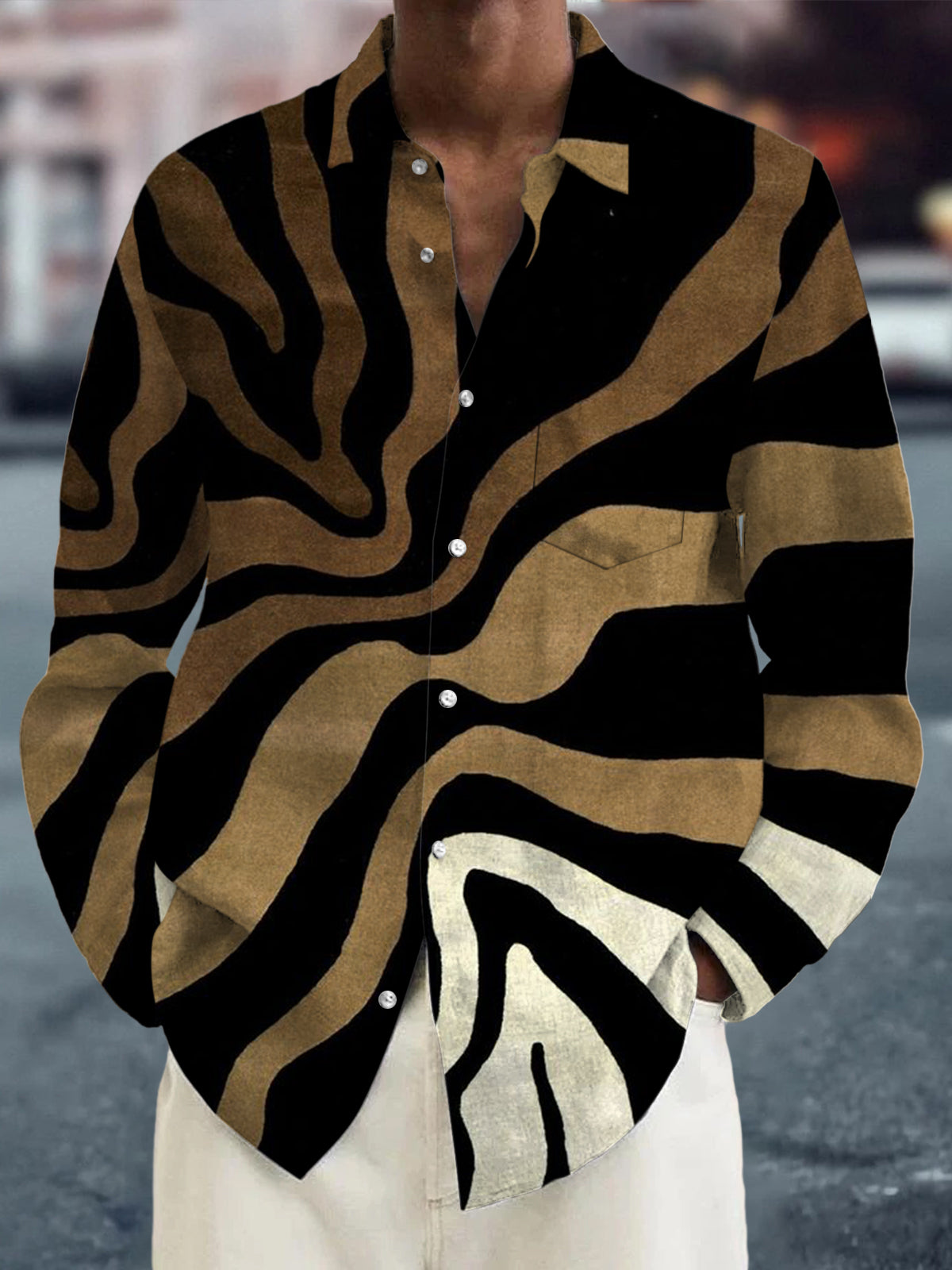 Men's abstract color block print long sleeve shirt front view