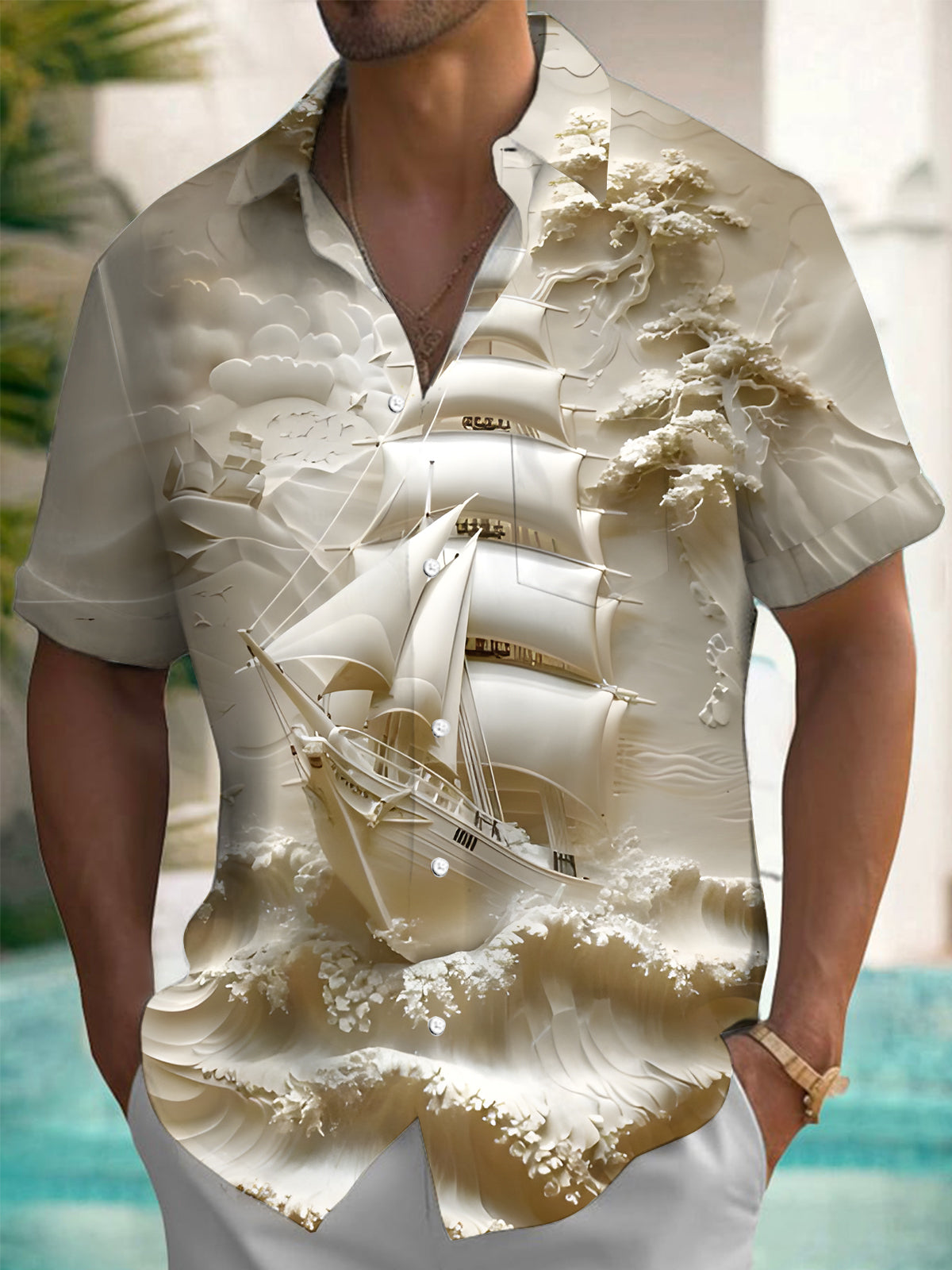 Adaychic Men's Graphic 3D Sailing Ship Boat Print Short Sleeve Button Down Shirt with Chest Pocket
