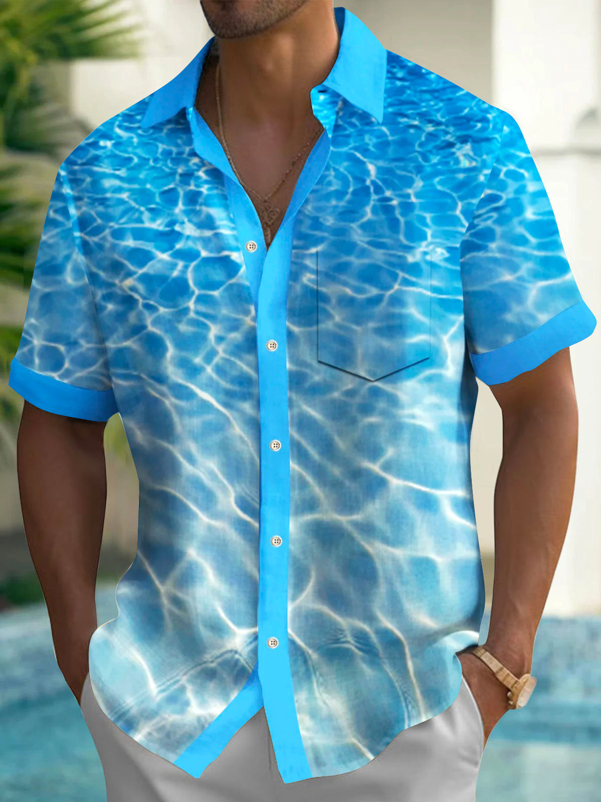 Adaychic Men's Graphic 3D Water Ripple Pool Print Short Sleeve Button Down Shirt with Chest Pocket