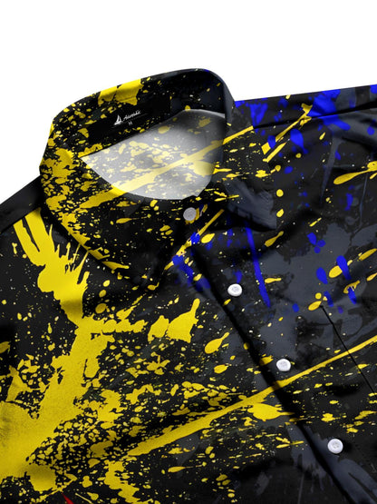 Adaychic Men's Black Graphic Abstract Paint Splatter Print Short Sleeve Button Down Shirt with Chest Pocket