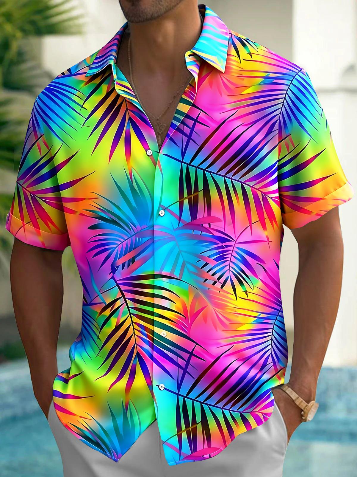 Adaychic Men's Hawaiian Rainbow Tropical Palm Leaf Print Short Sleeve Button Down Shirt with Chest Pocket