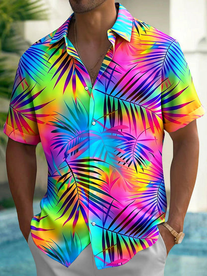 Adaychic Men's Hawaiian Rainbow Tropical Palm Leaf Print Short Sleeve Button Down Shirt with Chest Pocket