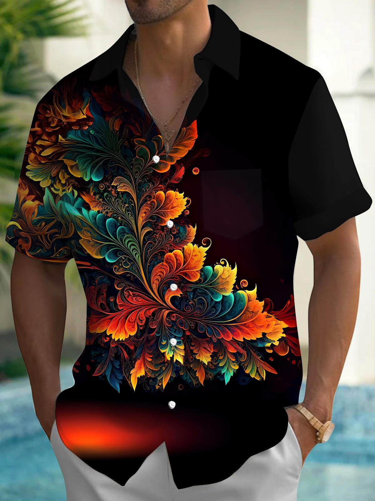 Adaychic Men's Graphic Abstract Floral Swirl Print Short Sleeve Button Down Shirt with Chest Pocket