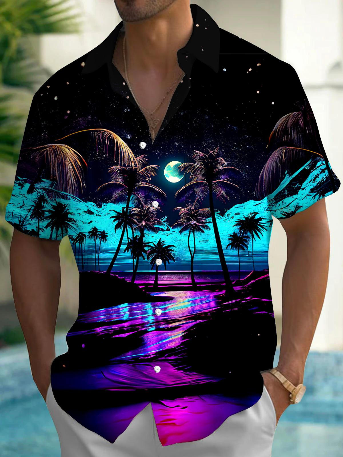 Adaychic Men's Hawaiian Tropical Palm Tree Moon Night Print Short Sleeve Button Down Shirt with Chest Pocket