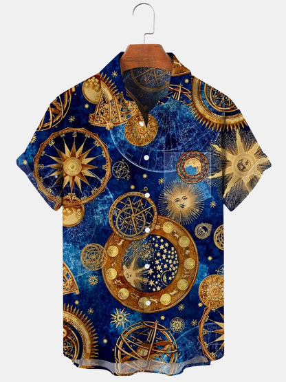 Adaychic Men's Graphic Vintage Celestial Compass Print Short Sleeve Button Down Shirt with Chest Pocket