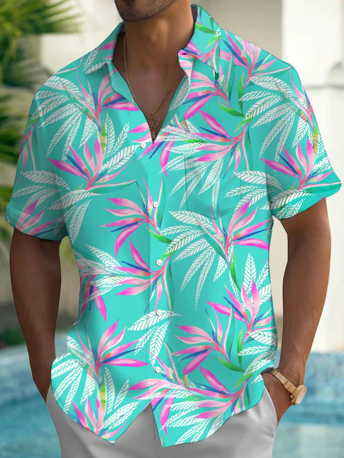 Adaychic Men's Hawaiian Floral Tropical Palm Leaf Print Short Sleeve Button Down Shirt with Chest Pocket