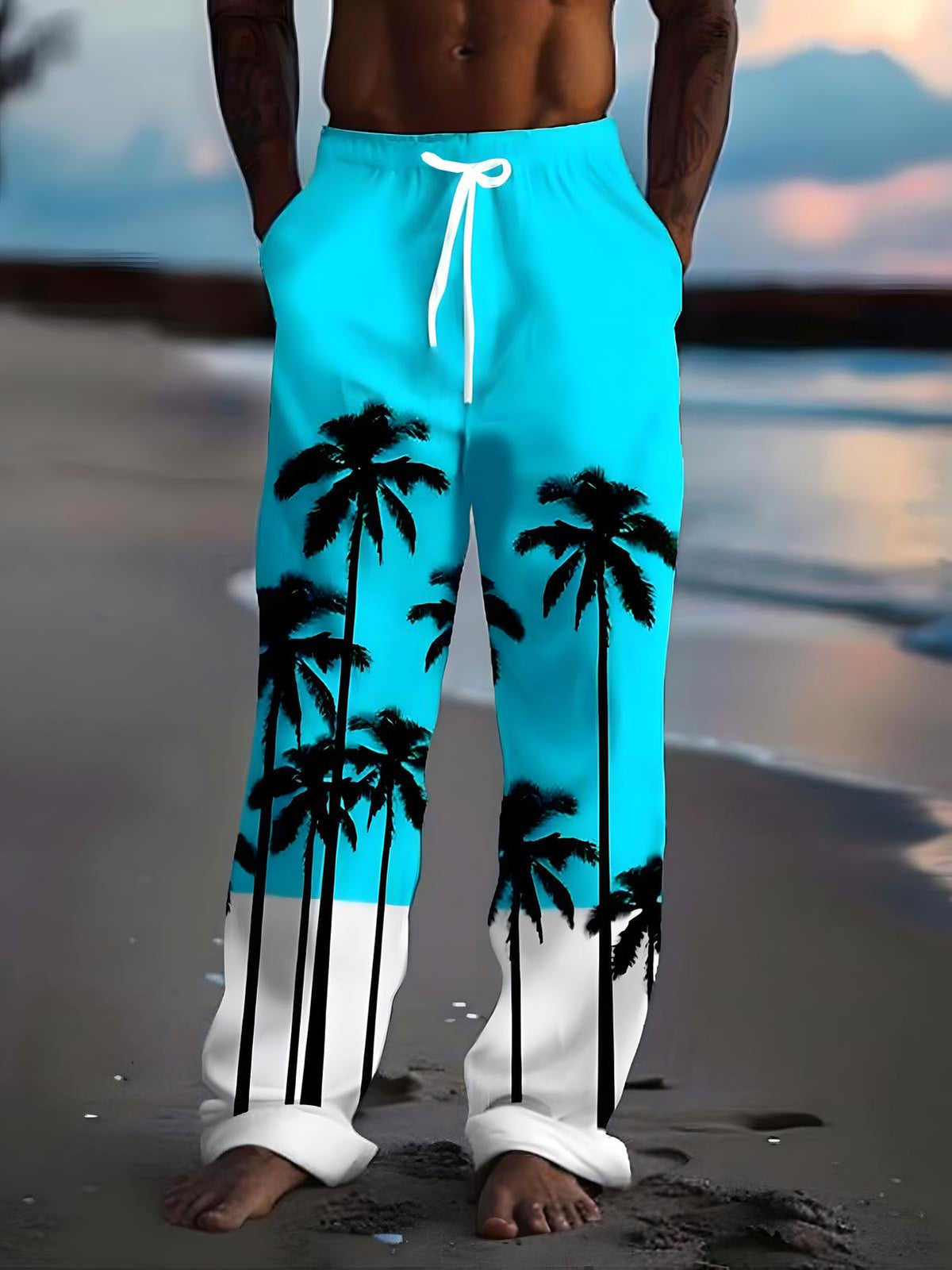 men's Hawaiian casual pants front view tropical beach vacation