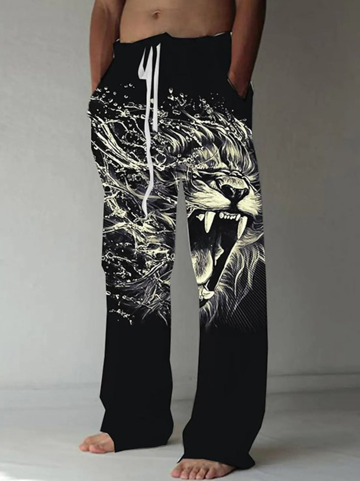 Men Abstract Animal Lion Graphic Print Casual Elastic Waist Pants Front View