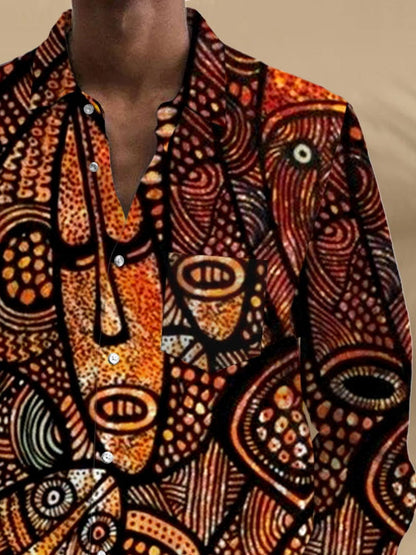 Men's long sleeve abstract face print shirt back view pocket
