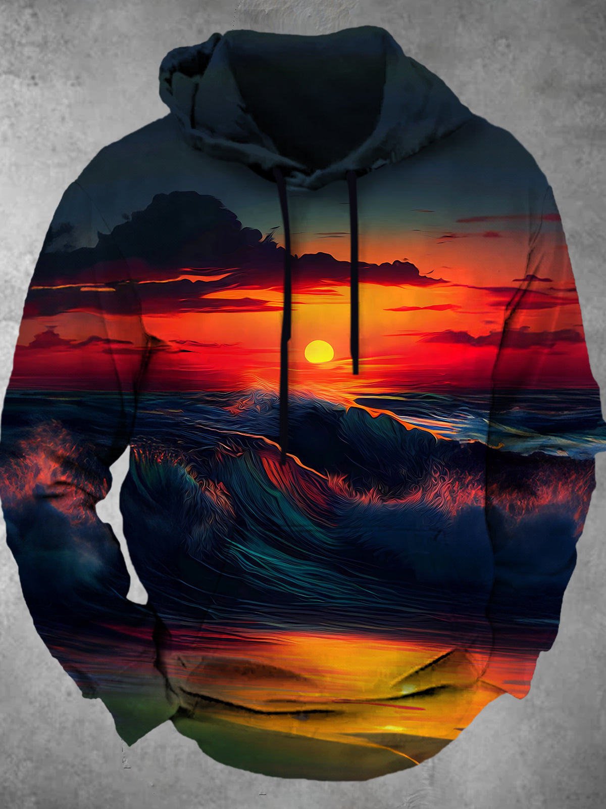Adaychic Men's Sunset Ocean Wave Print Long Sleeve Hoodie