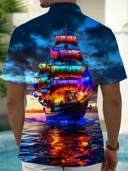 Adaychic Men's Colorful Sailing Ship Graphic Print Short Sleeve Button Down Shirt with Chest Pocket