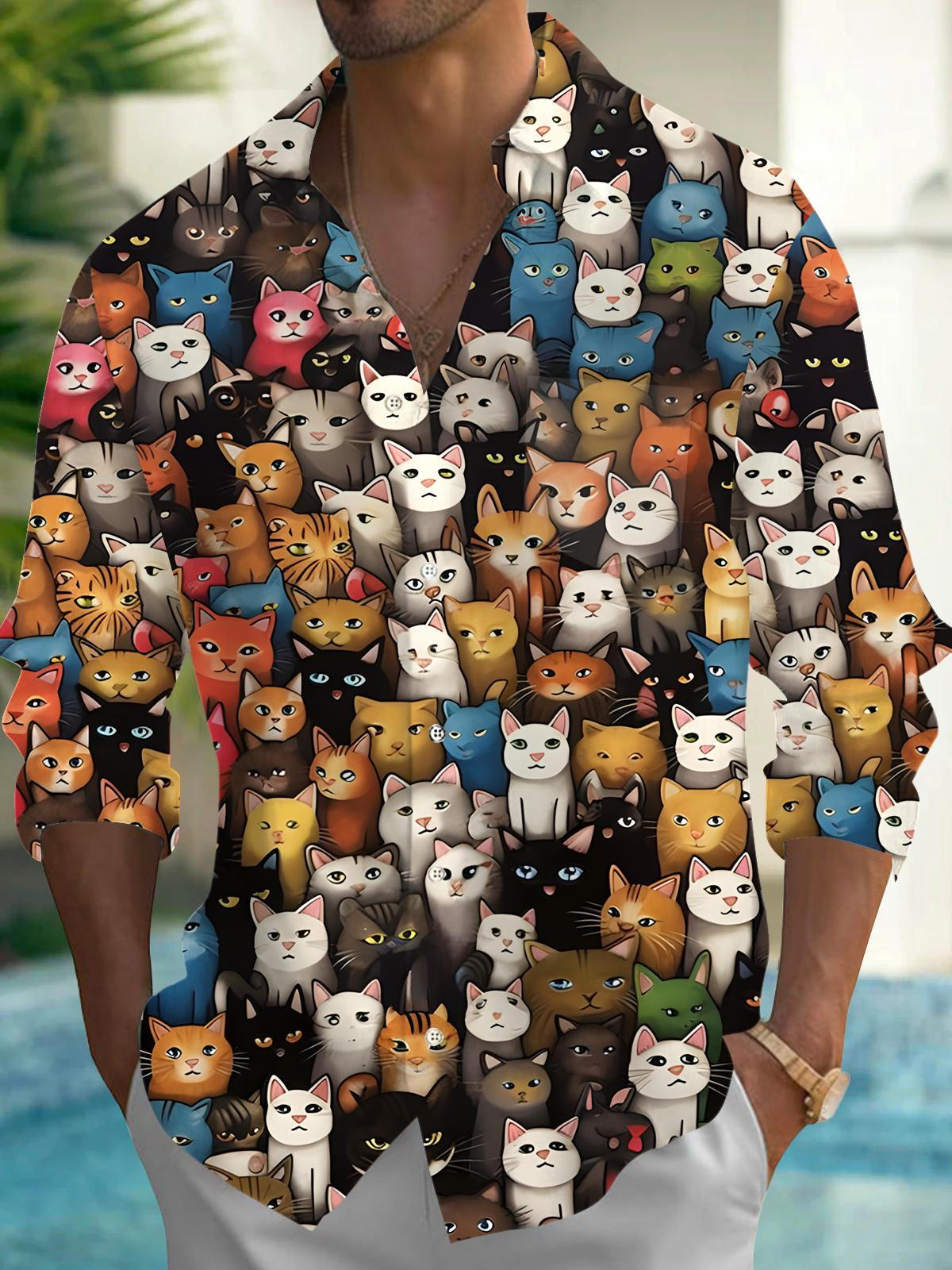 men's cat print shirt front view