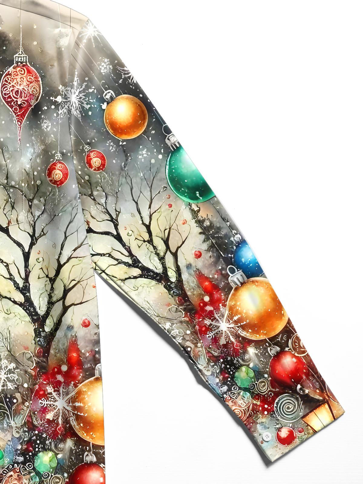 Men's green Christmas tree print long sleeve shirt close-up detail showing fabric texture and pocket stitching