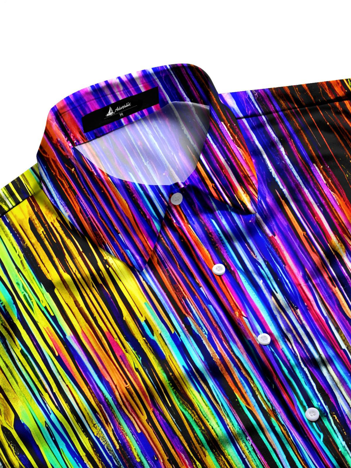 Adaychic Men's Graphic Geometric Colorful Vertical Line Print Short Sleeve Button Down Shirt with Chest Pocket