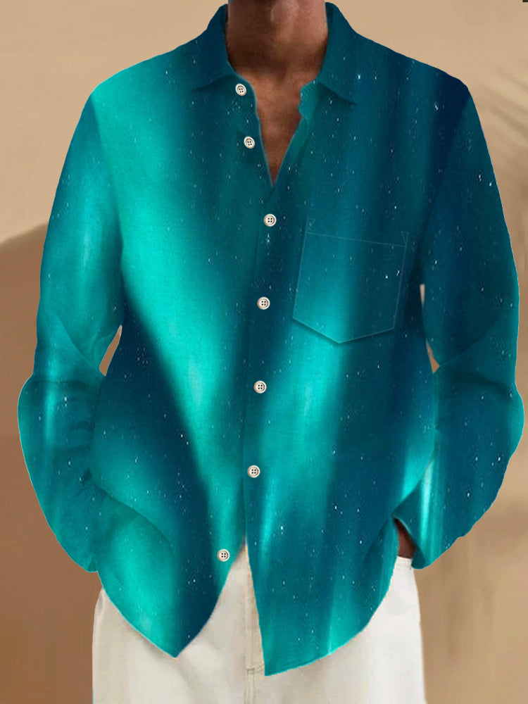 Men's long sleeve Hawaiian retro casual shirt with pocket front view for tropical beach vacation