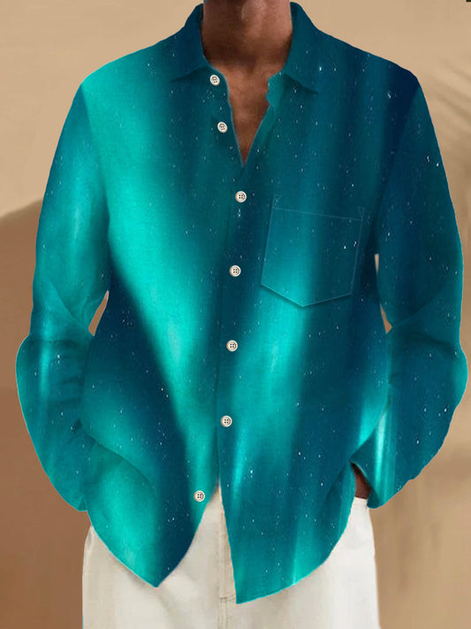 Men's long sleeve Hawaiian retro casual shirt with pocket front view for tropical beach vacation