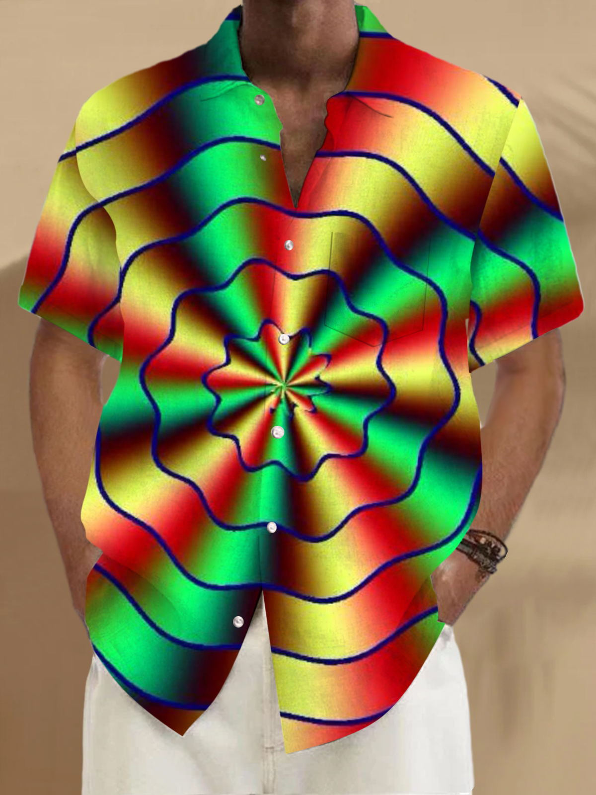 Adaychic Men's Retro Abstract Psychedelic Swirl Gradient Print Short Sleeve Button Down Shirt with Chest Pocket