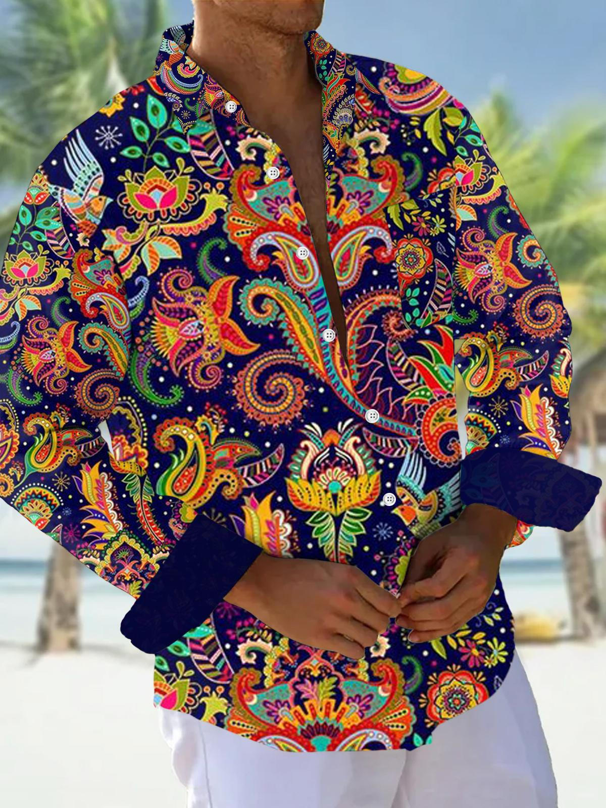 Men's cashew flower contrast print long sleeve shirt front view