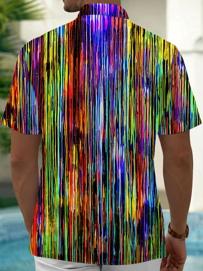 Adaychic Men's Graphic Geometric Colorful Vertical Line Print Short Sleeve Button Down Shirt with Chest Pocket