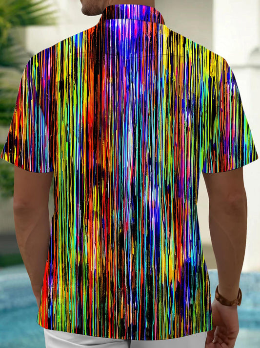 Adaychic Men's Graphic Geometric Colorful Vertical Line Print Short Sleeve Button Down Shirt with Chest Pocket