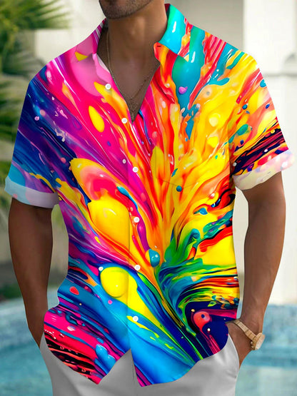 Adaychic Men's Graphic Abstract Colorful Paint Splash Print Short Sleeve Button Down Shirt with Chest Pocket