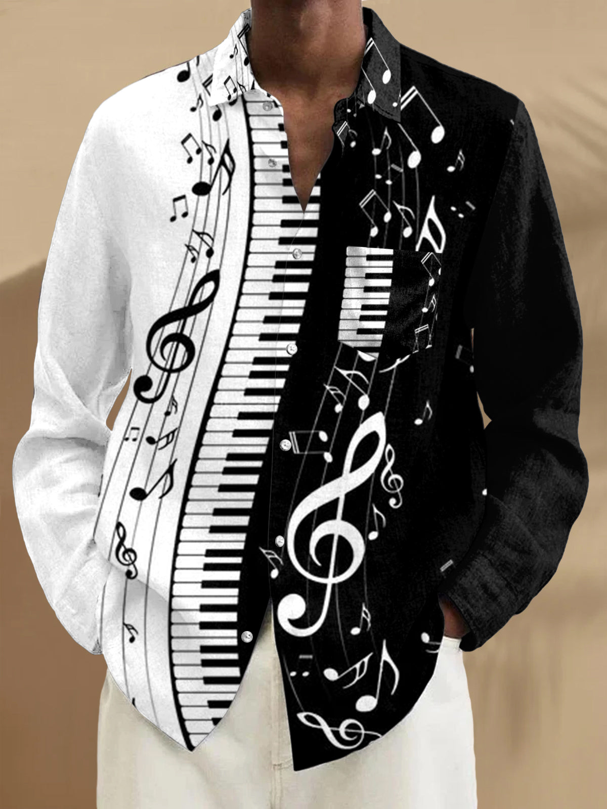 Men's dark note print long sleeve lapel pocket shirt front view