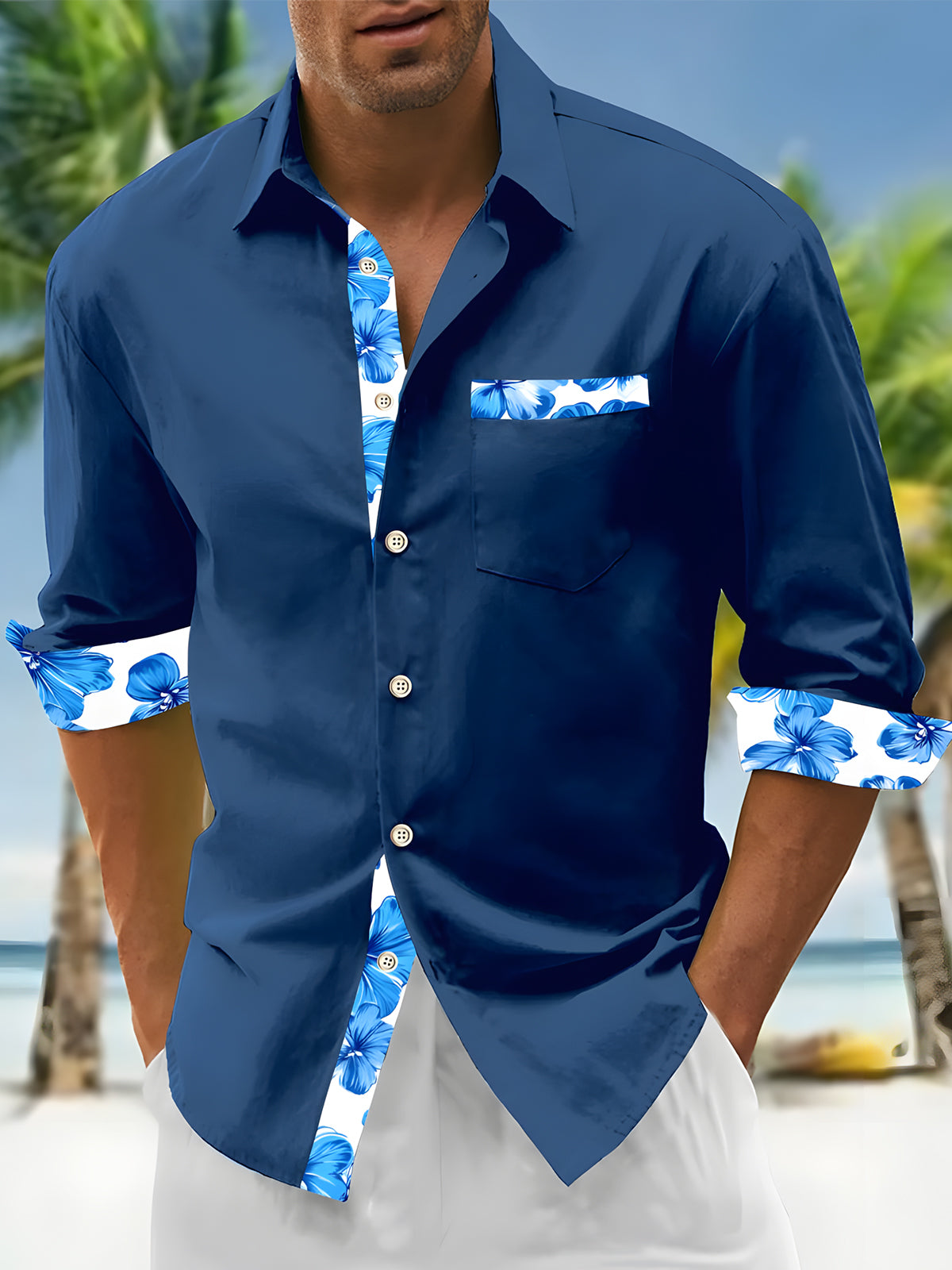Men's floral long sleeve shirt front view