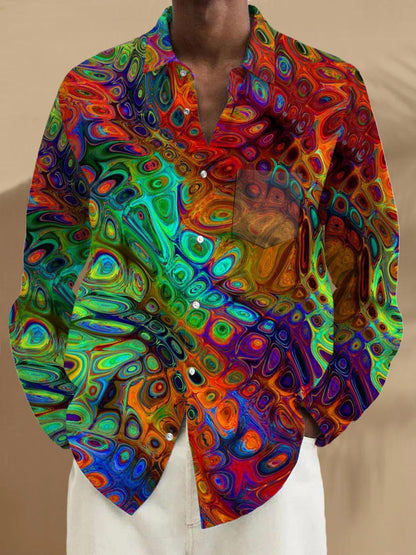 Men's long sleeve abstract print pocket shirt front view