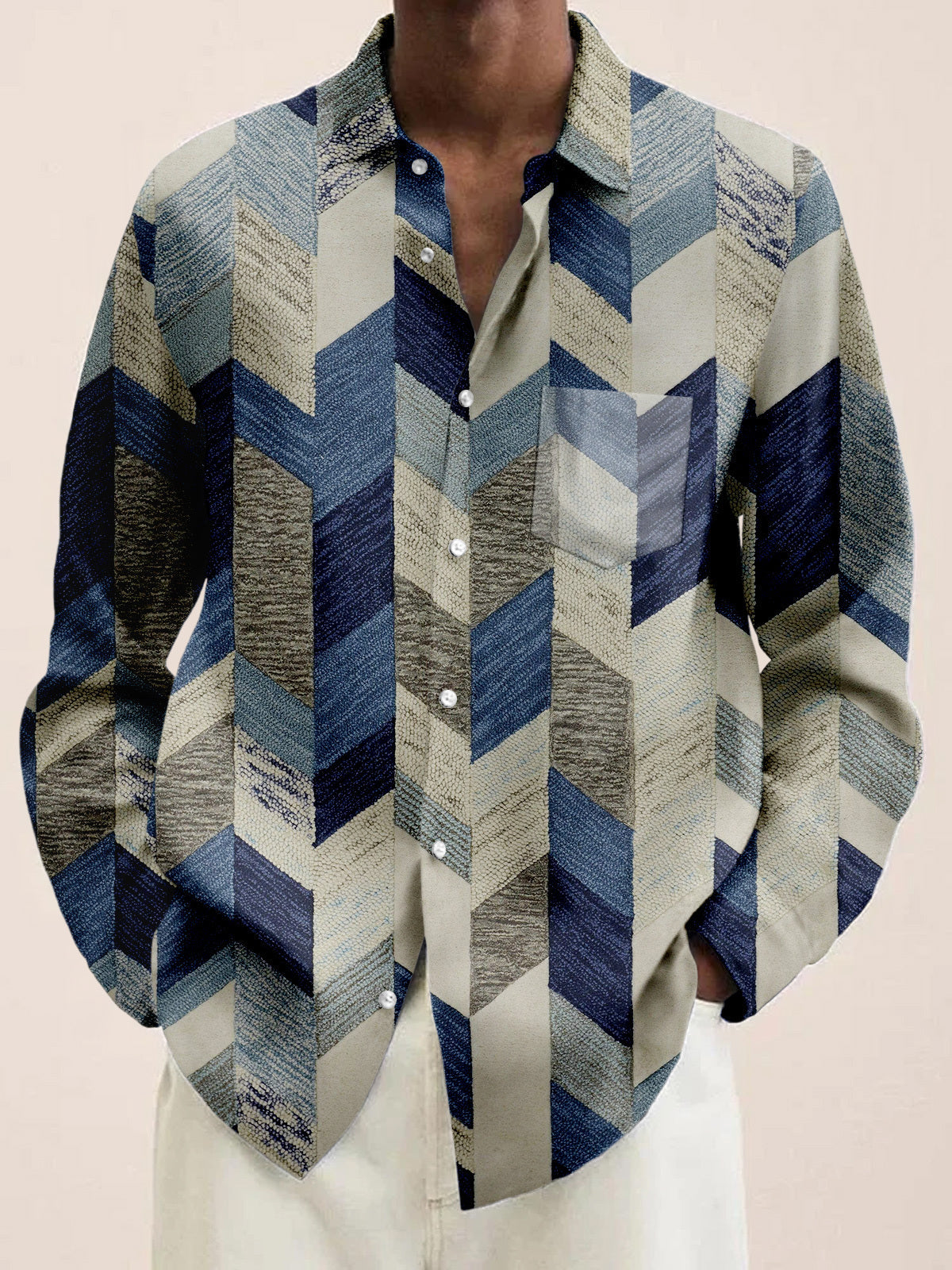 Men's long sleeve vintage geometric print shirt with pocket front view
