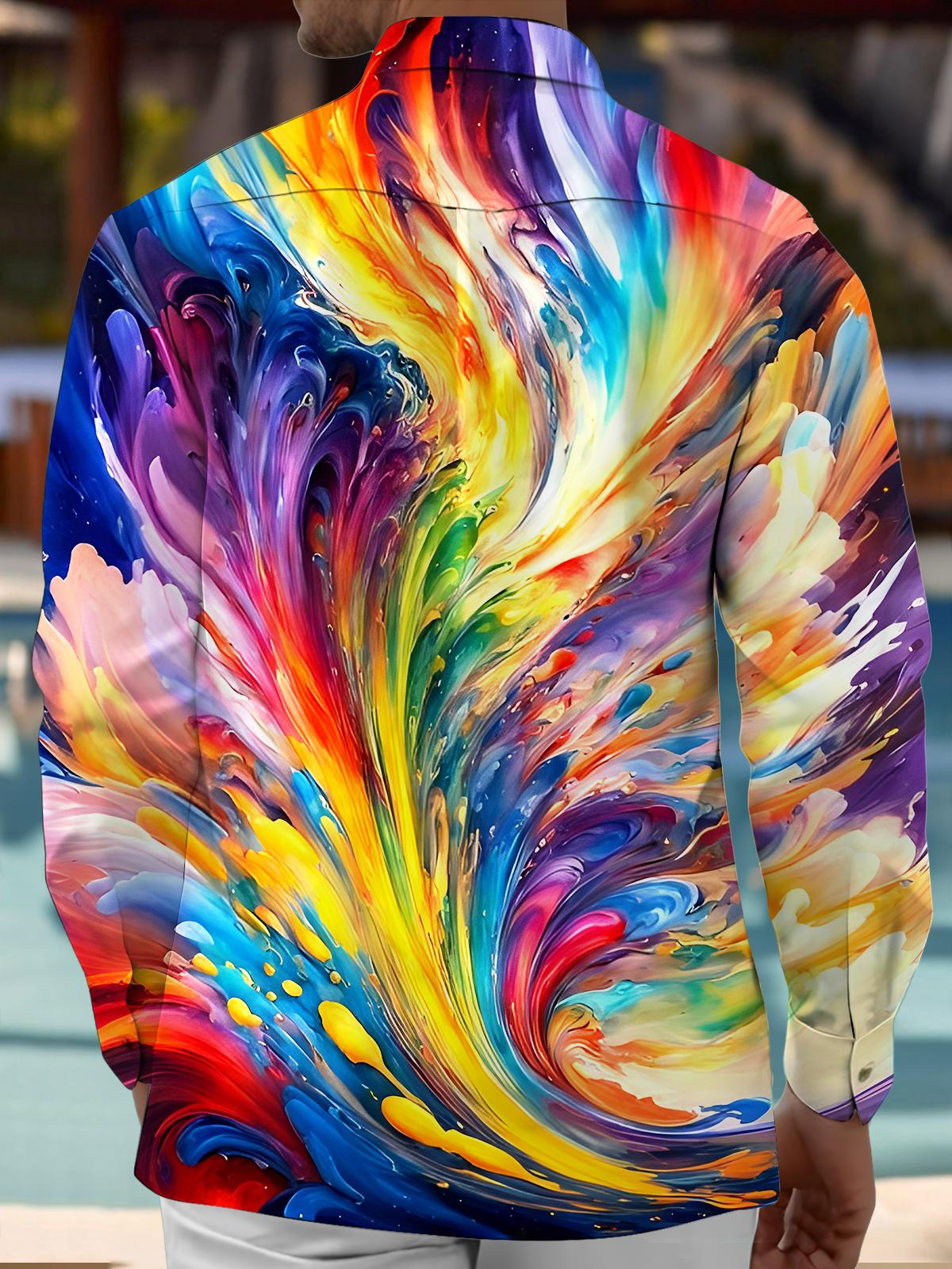 Men abstract print tie dye long sleeve shirt back view