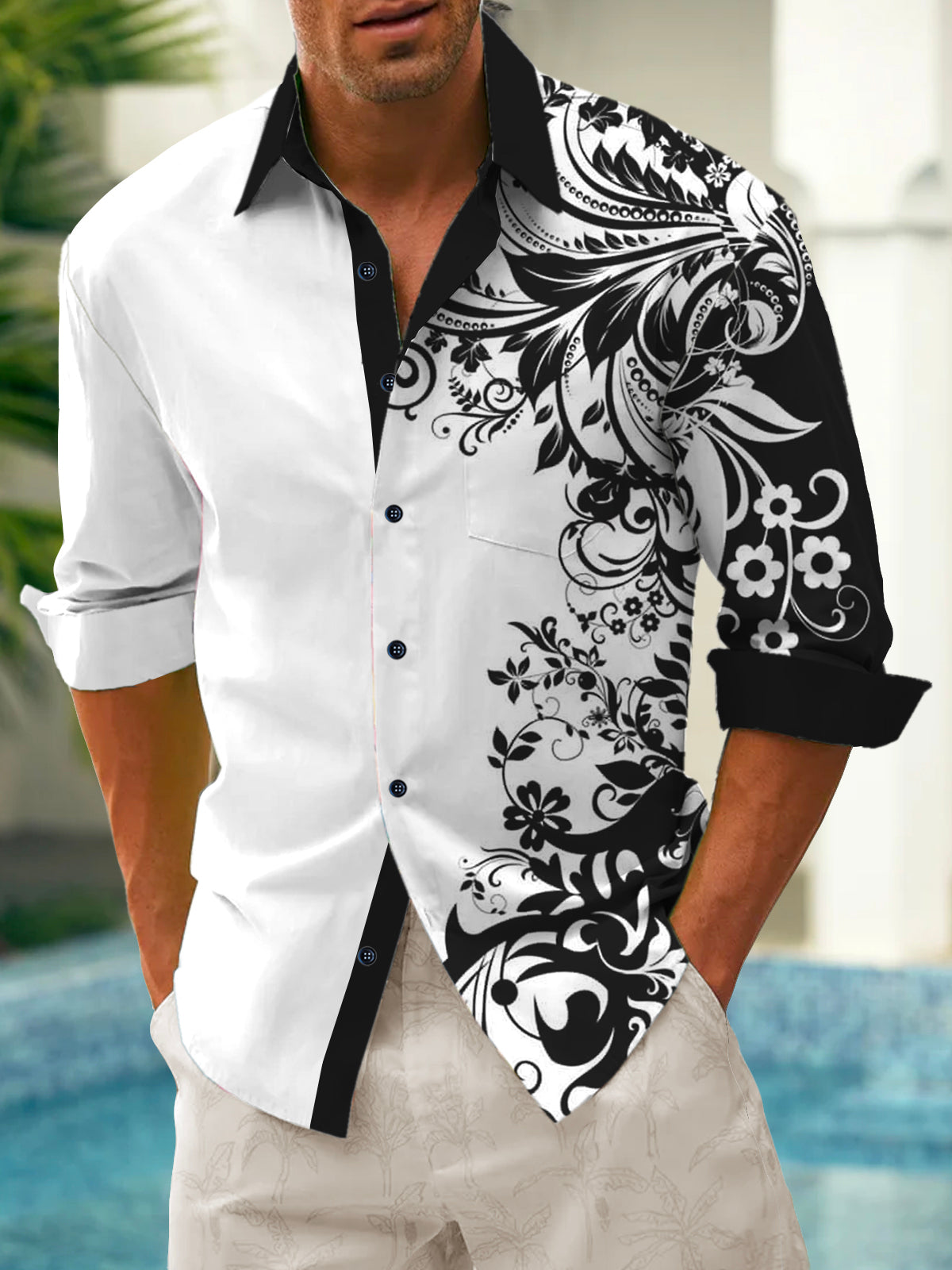 Men's casual long sleeve flower shirt front view