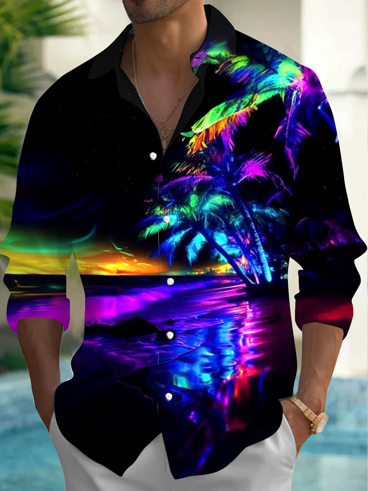 men's Hawaiian shirt front view tropical beach vacation