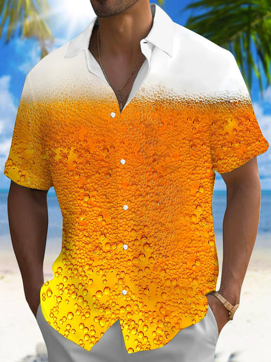 Adaychic Men's Graphic Abstract Beer Foam Gradient Print Short Sleeve Button Down Shirt with Chest Pocket