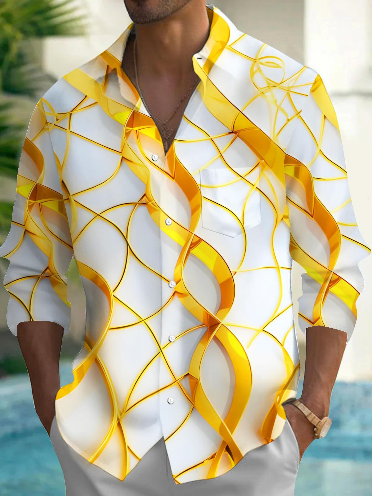 Men's Gold Geometric Lines Long Sleeve Shirt Front View