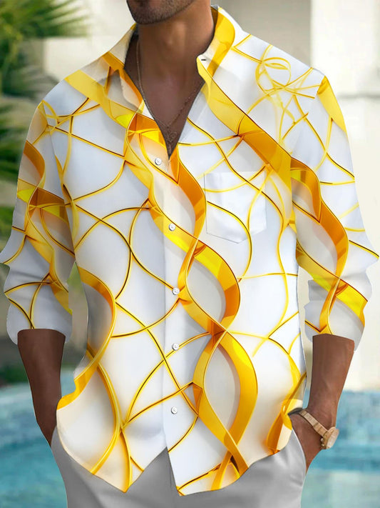 Men's Gold Geometric Lines Long Sleeve Shirt Front View