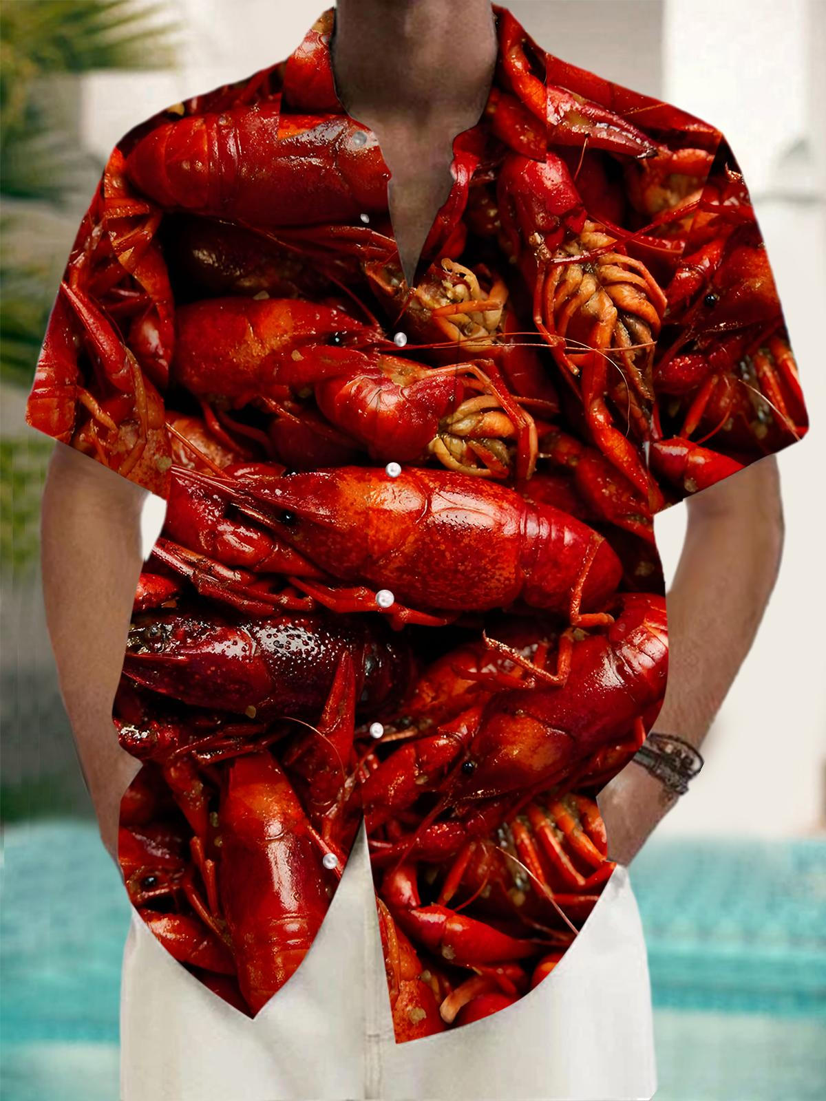Adaychic Men's Graphic Crayfish Seafood Print Short Sleeve Button Down Shirt with Chest Pocket