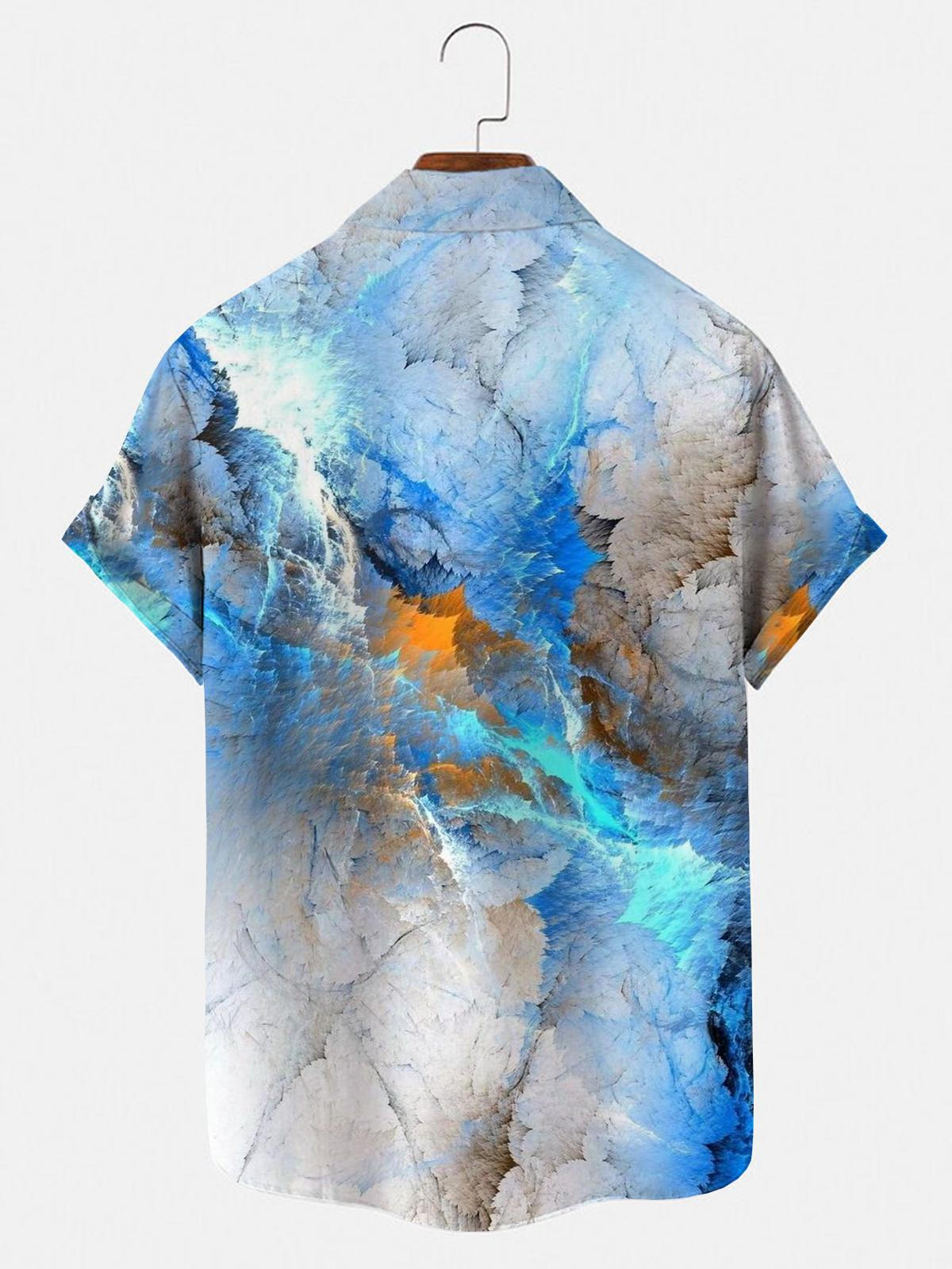 Adaychic Men's Abstract Blue Watercolor Print Short Sleeve Button Down Shirt with Chest Pocket