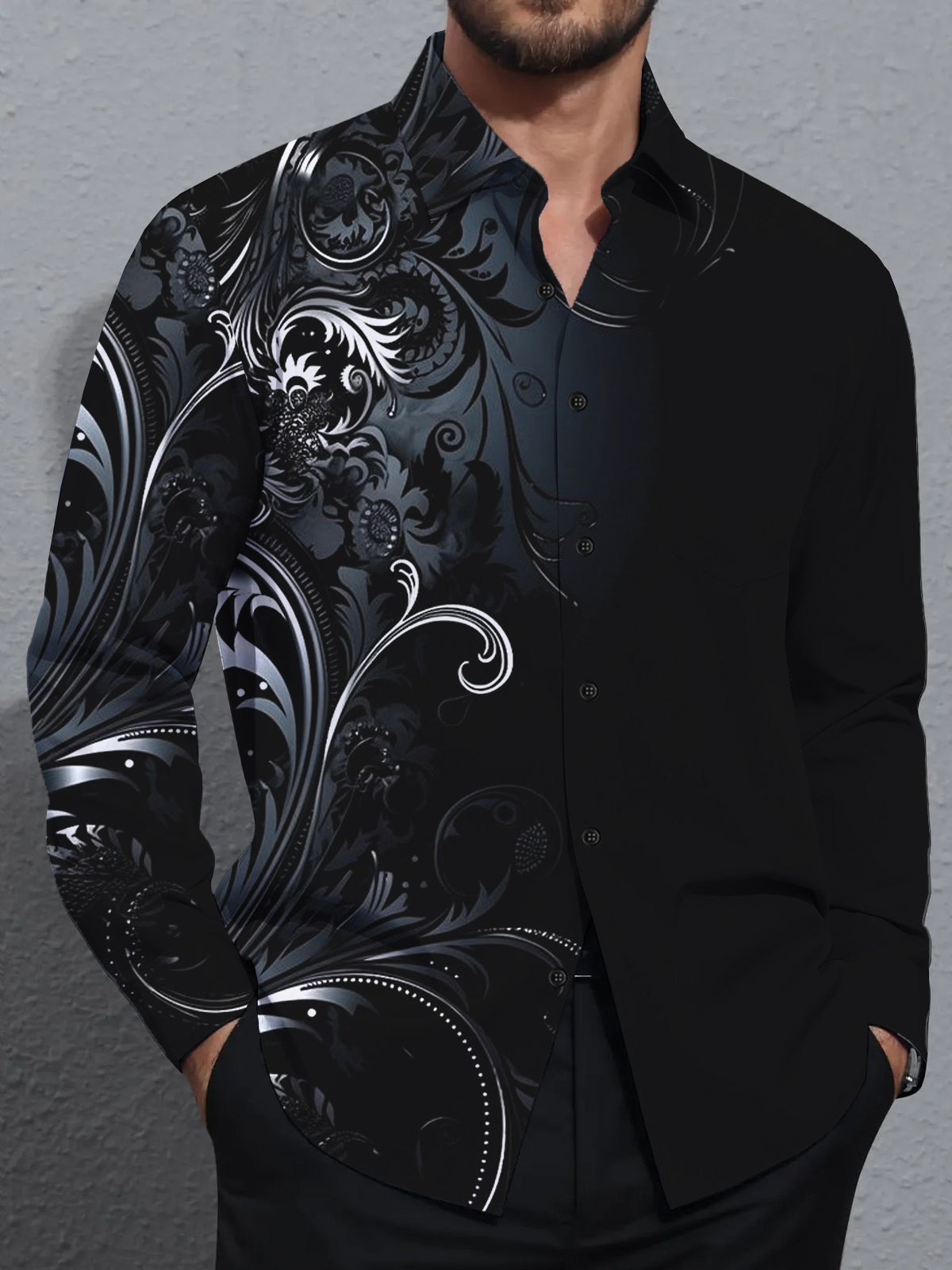 Men's casual retro Hawaiian long sleeve shirt front view for tropical beach vacation