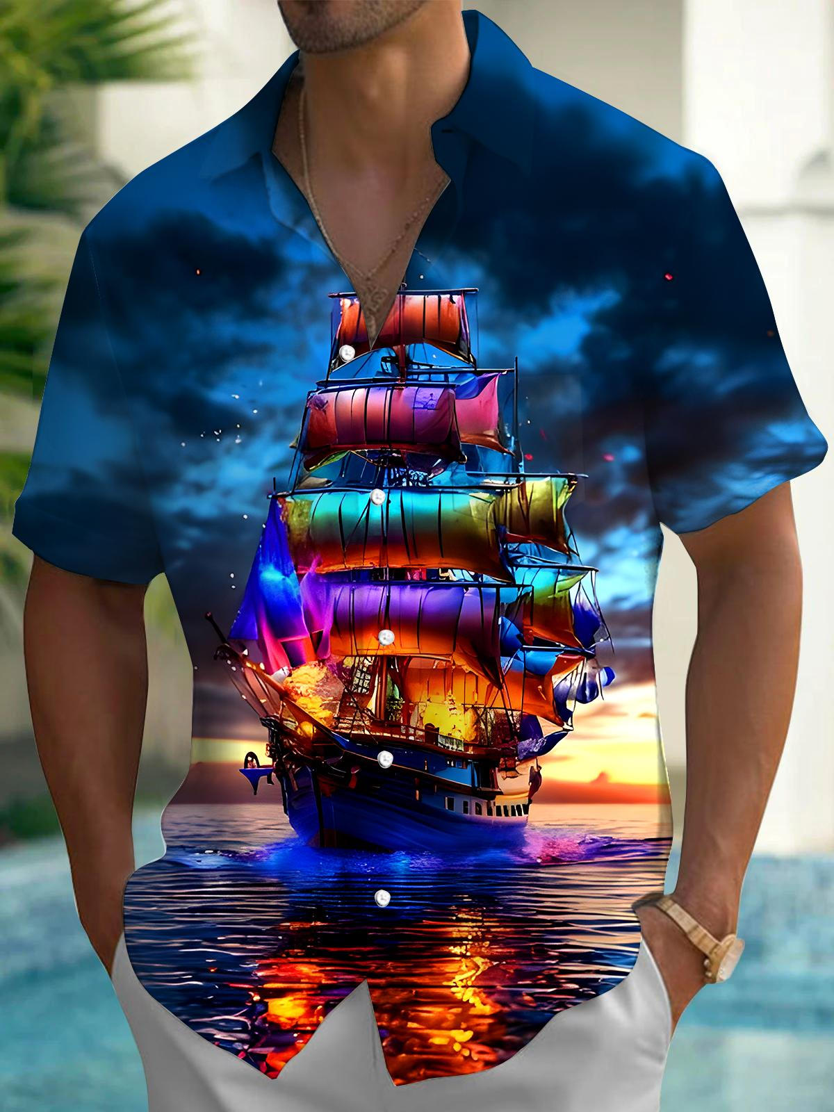 Adaychic Men's Colorful Sailing Ship Graphic Print Short Sleeve Button Down Shirt with Chest Pocket