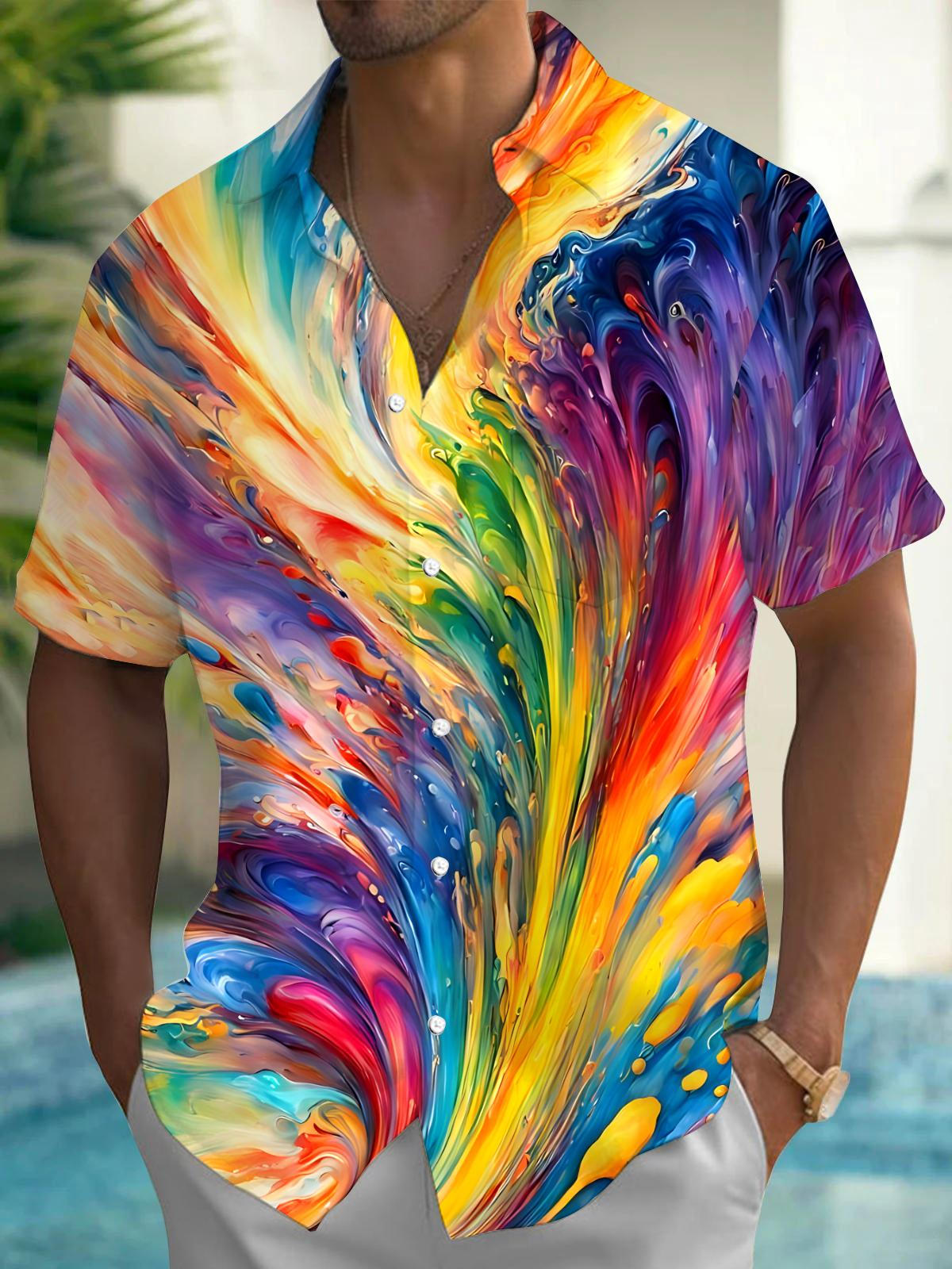 Adaychic Men's Graphic Abstract Colorful Swirl Print Short Sleeve Button Down Shirt with Chest Pocket
